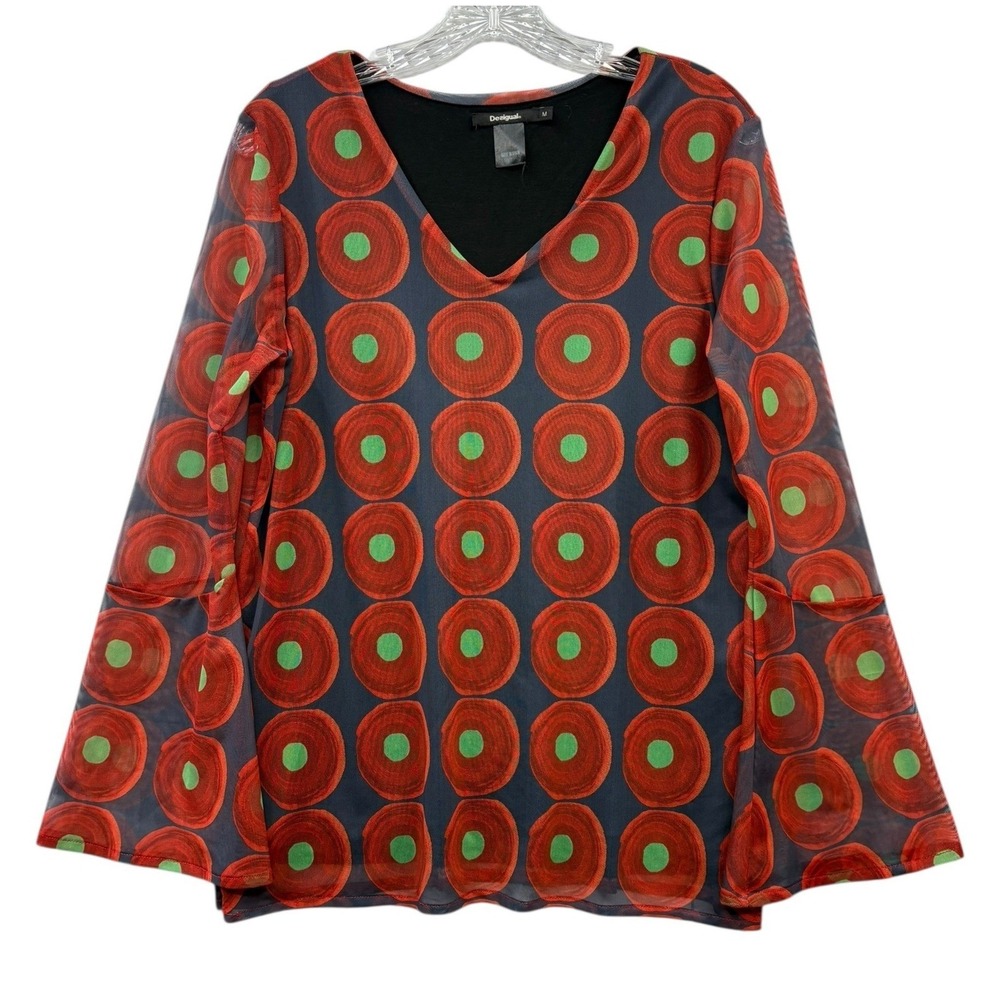 Desigual Karoley Mesh Tunic Top Sheer Bell Sleeve Artistic Circle Print Boho M